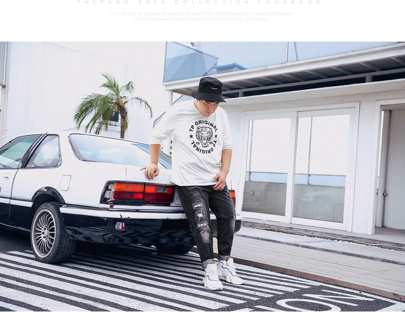 THE PANG Tide thương hiệu quần denim nam size lớn thêm phân bón để tăng chất béo thêu quần lỏng lẻo quần áo nam