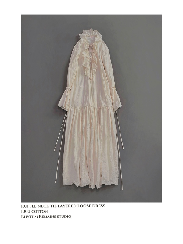 Rhythm Remains Ruffle Collar Tie Layered Pleated Paper Cotton Relaxed Long Dress