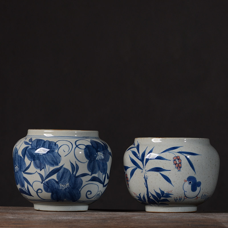 Jingdezhen Rough pottery washing retro blue and white hand-painted flowers and birds home tea room tea washing tea dreg bucket Chinese ceramic flower ware