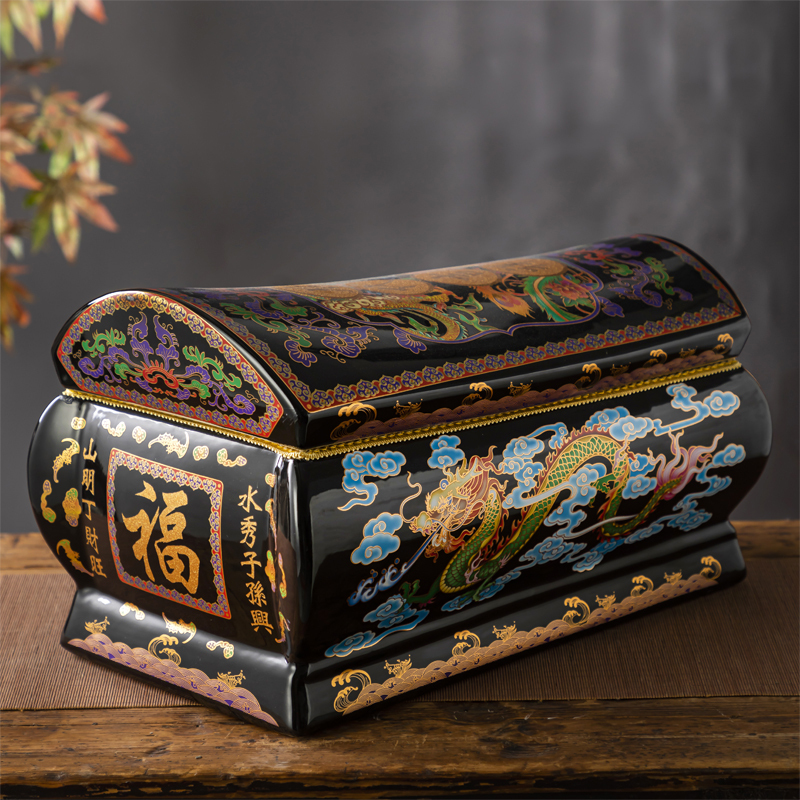 Ceramic Coffin Urn Square Cremation Jar for Descendants, Auspicious, Anti-Corrosion, for Reinterment, Bone Collection, Funeral Use, Male and Female Dragon and Phoenix Style
