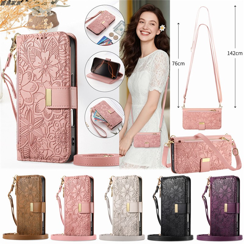 Suitable for Google Pixel 6/6A/7/7A/8/8A/9/9A/10/10A/11 Pro XL Phone Case, Zipper Wallet Style, Crossbody Flip Leather Case, Anti-Drop Shell with Long and Short Lanyard