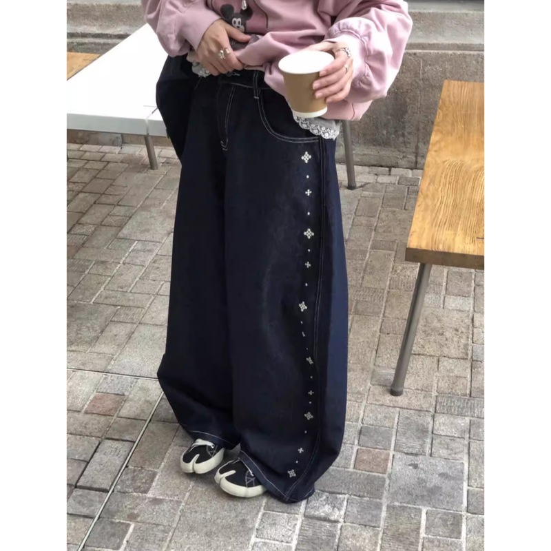 H.One Genuine 26814~ Summer Korean Style Color-Blocked Floral Embroidery Vintage Scimitar Pants Floor-Length Jeans for Women