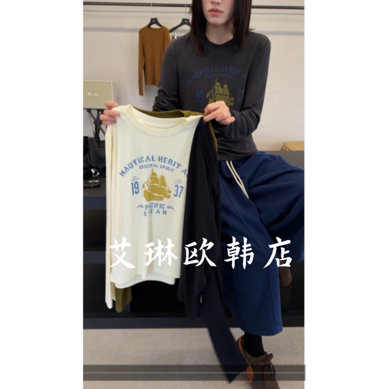 263156 European Goods New Autumn Casual Round Neck Letter Print Versatile Slimming Long-Sleeved T-Shirt Women's Base Shirt