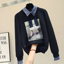 waitmore sweater 2021 new female printing insoversize Korean edition denim fake two-piece jacket tide