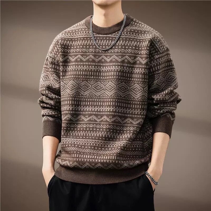 High-End Fair Isle Knit Sweater for Men, Autumn Season, 800g Heavyweight, American Retro Style, Crew Neck, Loose Jacquard Base Sweater