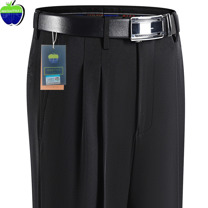 Apple Men's Dress Pants with Wide Legs, Double Pleats, Silk High-Waisted Loose Straight-Leg Trousers for Middle-Aged and Elderly Men
