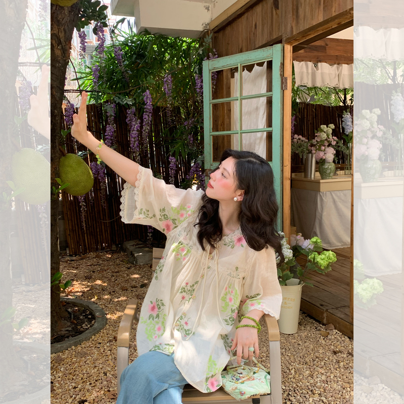 Jc Vintage Store's "Qingtan Lviduo" Floral Embroidered Lace Loose 100% Ramie Vintage Babydoll Shirt Jc Vintage Store's "Qingtan Lviduo" Floral Embroidered Lace Loose 100% Ramie Vintage Babydoll Shirt