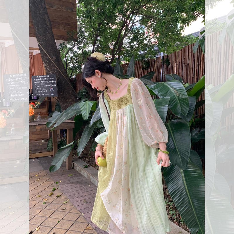 Jc Vintage Store's "Green Field Floating Light" Heavy Lace Early Autumn Loose Embroidered Patchwork Remake Dress