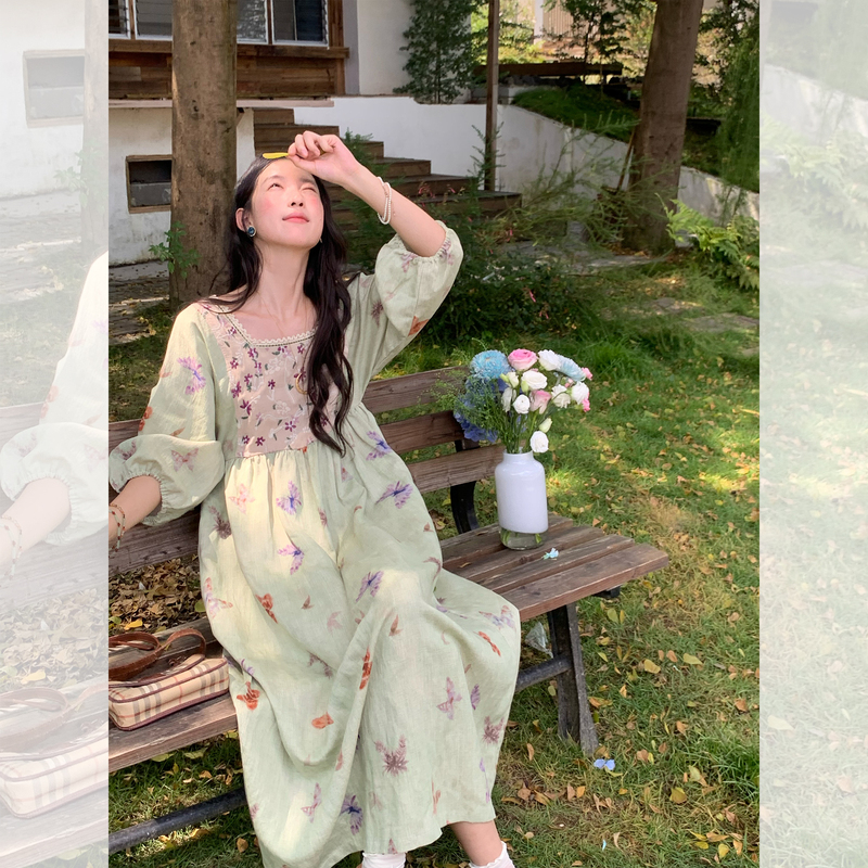 Jc Vintage Store's "Colorful Butterfly Tea House" Retro Embroidered Floral Butterfly Autumn New Tencel Linen Dress