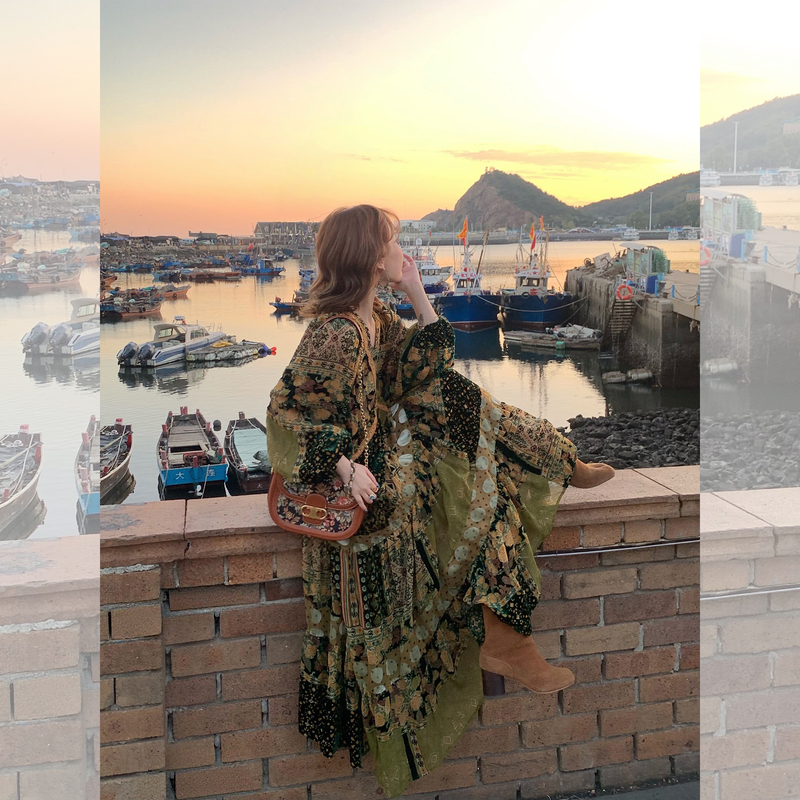 Jc Vintage Store "Song of Wandering" Retro Romantic Bohemian Style Velvet Burnt Flower Flared Dress Winter