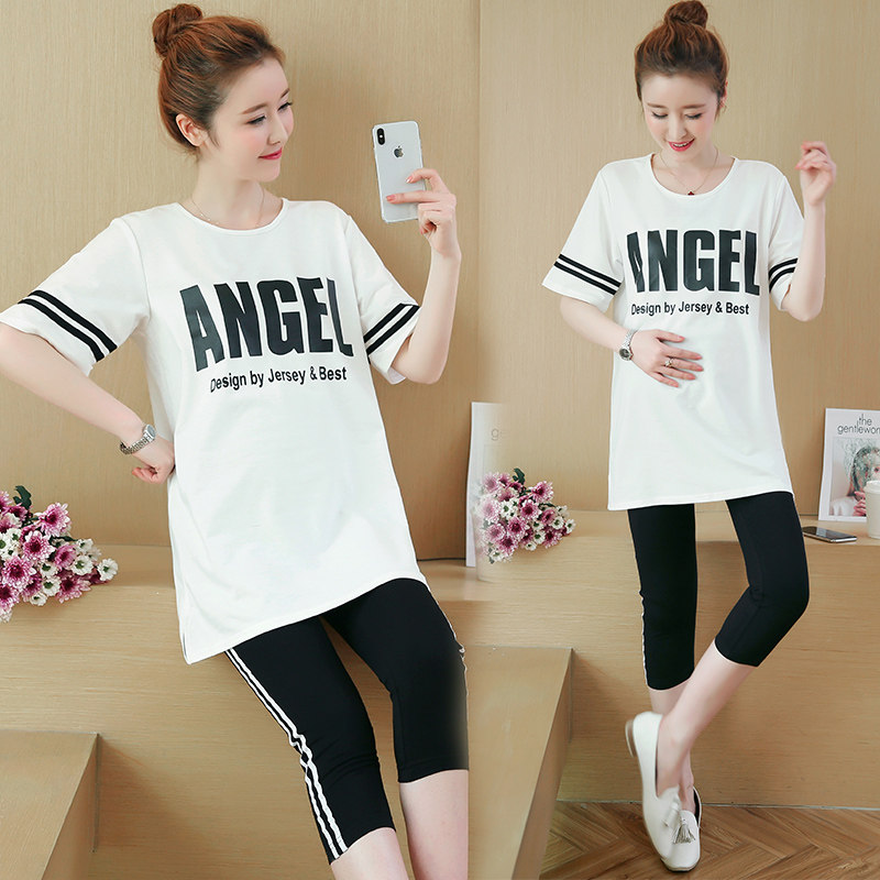 Maternity wear summer sports two-piece suit 2020 maternity suit summer casual fashion short-sleeved T-shirt top Korean version