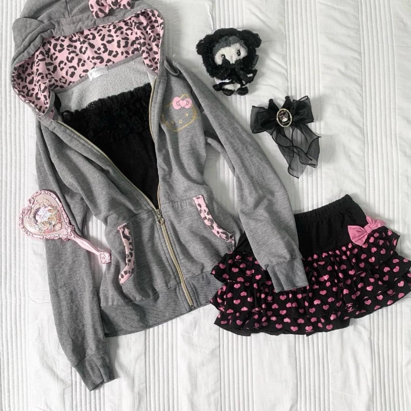 Japanese Retro Style Spicy Girl Hooded Jacket, Gray and Pink Leopard Print Patchwork Hello Kitty Print Fleece Sweatshirt