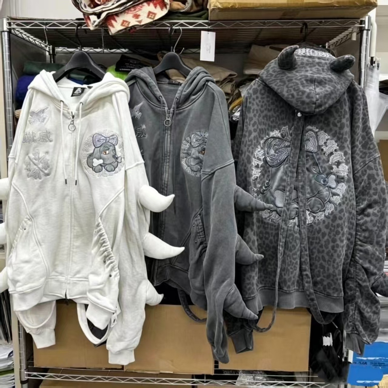 Japanese-Style Galfy Collaboration Kry Cthulhu-Style Devil Horn Strap Washed Gray Zipper Embroidered Hooded Sweatshirt Jacket Japanese-Style Galfy Collaboration Kry Cthulhu-Style Devil Horn Strap Washed Gray Zipper Embroidered Hooded Sweatshirt Jacket