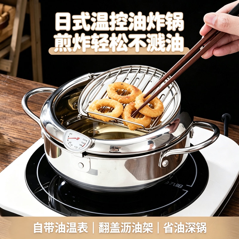 Japanese-Style 304 Stainless Steel Tempura Temperature-Controlled Frying Pot 2026 New Model Household Flip-Top Deep Pot with Oil Draining and Anti-Splash Features Japanese-Style 304 Stainless Steel Tempura Temperature-Controlled Frying Pot 2026 New Model Household Flip-Top Deep Pot with Oil Draining and Anti-Splash Features