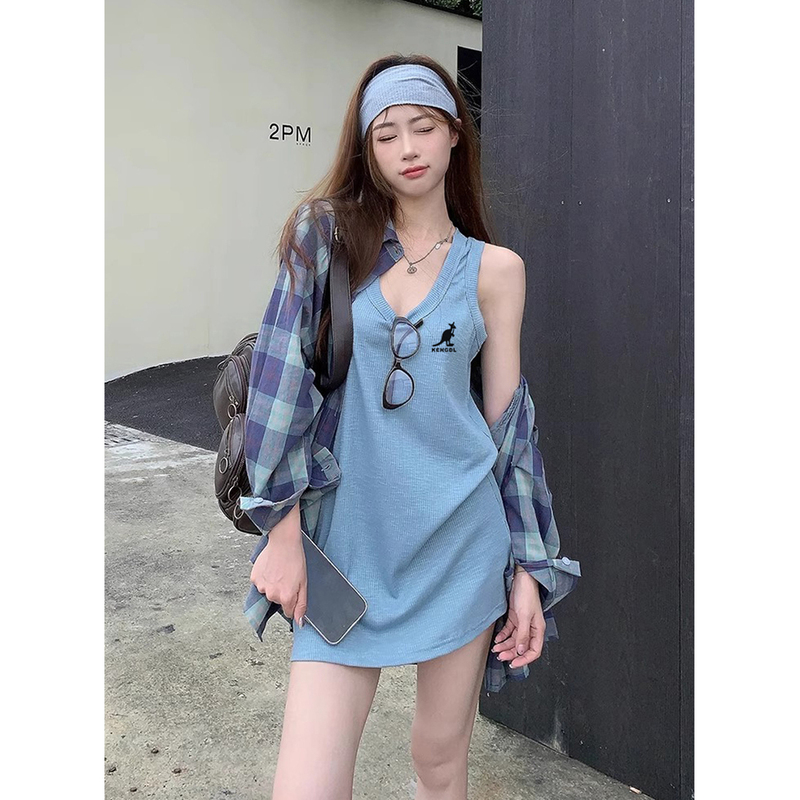 Kengdl Sweet U-Neck Long Sleeveless Camisole for Women, Summer Outerwear, French-Style Loose Niche Plaid Shirt