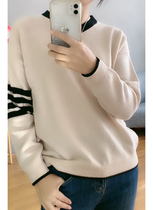 21 Winter female medium thickness elegant splicing minimalist V collar Coloured Mountain cashmere shirt Black beige single piece Long sleeve commute