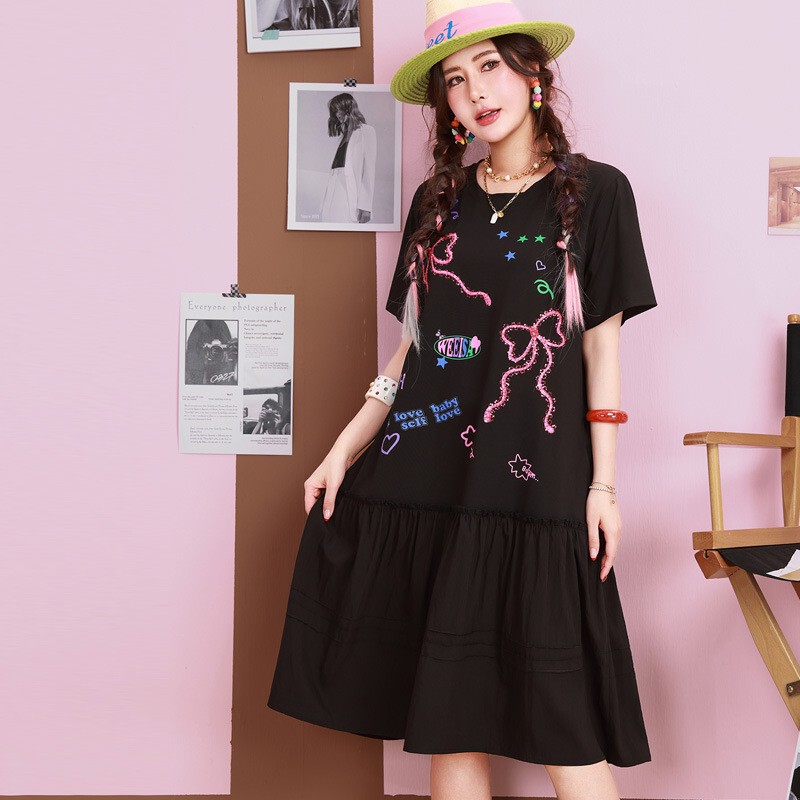 Plus Size Women's Clothing 2026 Summer Loose Fit Belly-Covering Slimming Sweet Bow Print Pure Cotton Short-Sleeve Dress