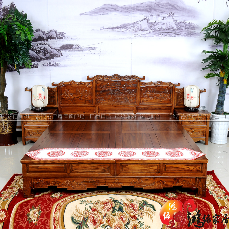 Solid wood double bed Chinese - style Ming - Qing Ancient Furniture 1 8 m elm carving flower bed with bedside cabinet mix manufacturer