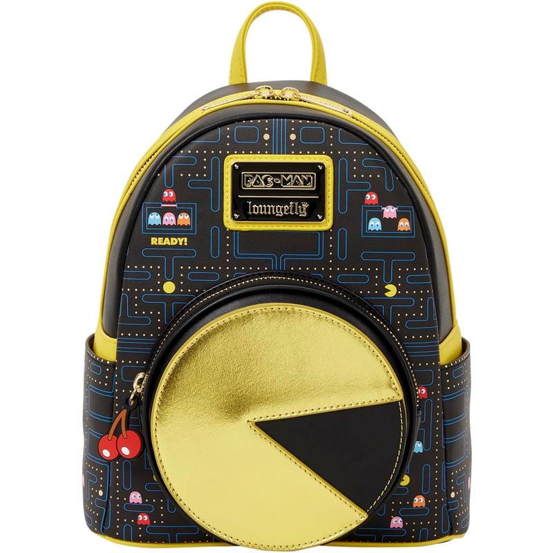 Loungefly Pac-Man Backpack for Men and Women with Adjustable Shoulder Straps, Top Handle, and Zippered Compartment