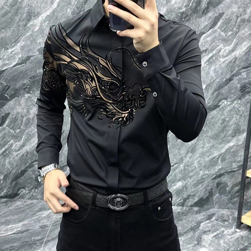 Autumn New Stylish Elastic Fashion Business Casual Men's Slim Fit Seamless Versatile High-End Rhinestone Long-Sleeve Shirt Autumn New Stylish Elastic Fashion Business Casual Men's Slim Fit Seamless Versatile High-End Rhinestone Long-Sleeve Shirt