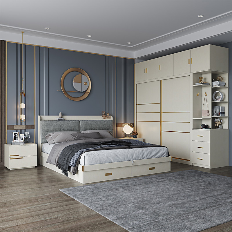 Solid Wood Bedroom Suite Furniture Suit Combination Light Extravagant minimalist Modern Double Bed Wardrobe Dresser Master Bedroom full set 