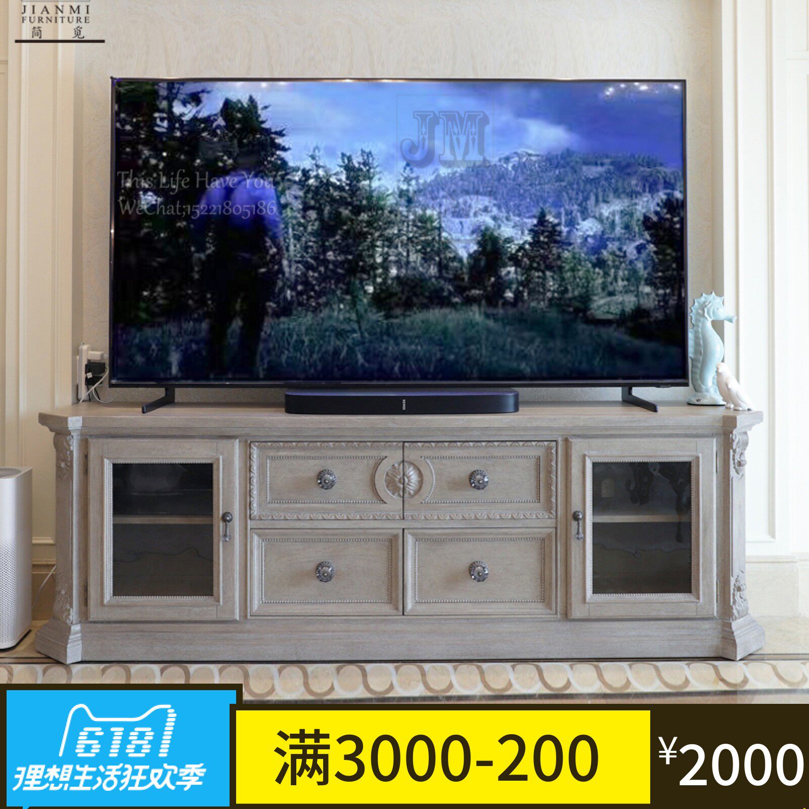 American solid wood oak TV cabinet method for old living room storage cabinet high ground cabinet ART building renaissance furniture