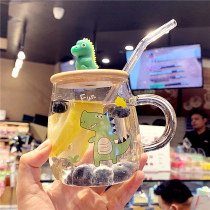 Cute dinosaur heat-resistant glass for men and women household ins high-value with lid spoon mug student breakfast water Cup