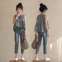 Black and white plaid doll shirt girls loose princess top Japanese style simple sleeveless cake shirt cross-border ins parent-child wear d