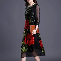 Lụa in dress 2018 mùa hè mới trung niên của phụ nữ kích thước lớn vòng cổ lụa lỏng một từ váy thoi trang nu