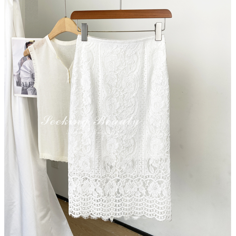 Seeking Beauty Extremely Comfortable, Delicate and Soft White Water-Soluble Floral Lace Cut Out Mid-Length Skirt Seeking Beauty Extremely Comfortable, Delicate and Soft White Water-Soluble Floral Lace Cut Out Mid-Length Skirt