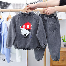 Boy Cowboy Suit 2021 Chunqiu New Yangqi Trend Small and Medium Children Han Edition handsome gas printed two sets