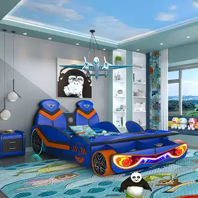 Children's bed Boy with guardrail single bed 1 5 meters cartoon solid wood white sports car combination car children's bed