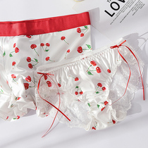 Couple underwear cute girl first love cherry mesh lace sexy lady breifs low waist male four horns thin