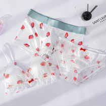 Sweet Japanese girl bra set lace net gauze cute without steel ring super thin Cup couple underwear 3 pieces