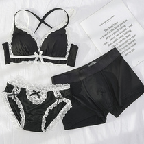 Couples underwear set three-piece cotton new cute no steel ring bra lace sexy passion men and women