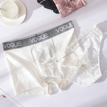 Sexy couple underwear set lace edge low waist hollow hollow girl born breifs cotton mens boxer White