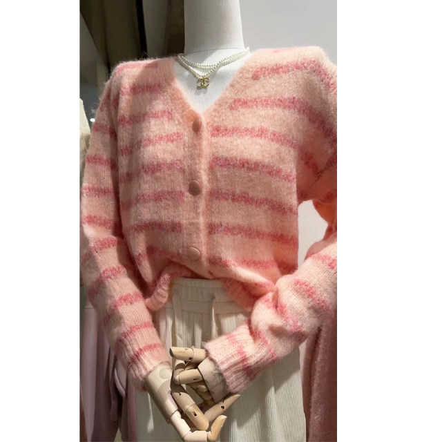 2023 New Early Autumn Cardigan Thin Mohair Sweater Women's Gentle Style Striped Soft Hair Knitted Jacket Women