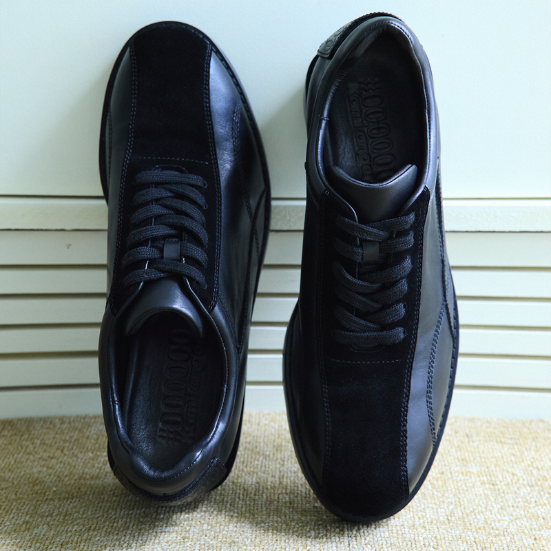 Kami Anger Black Patchwork Unisex Minimalist Bowling Shoes Round Toe Height-Increasing Commuting Casual Unisex Leather Shoes