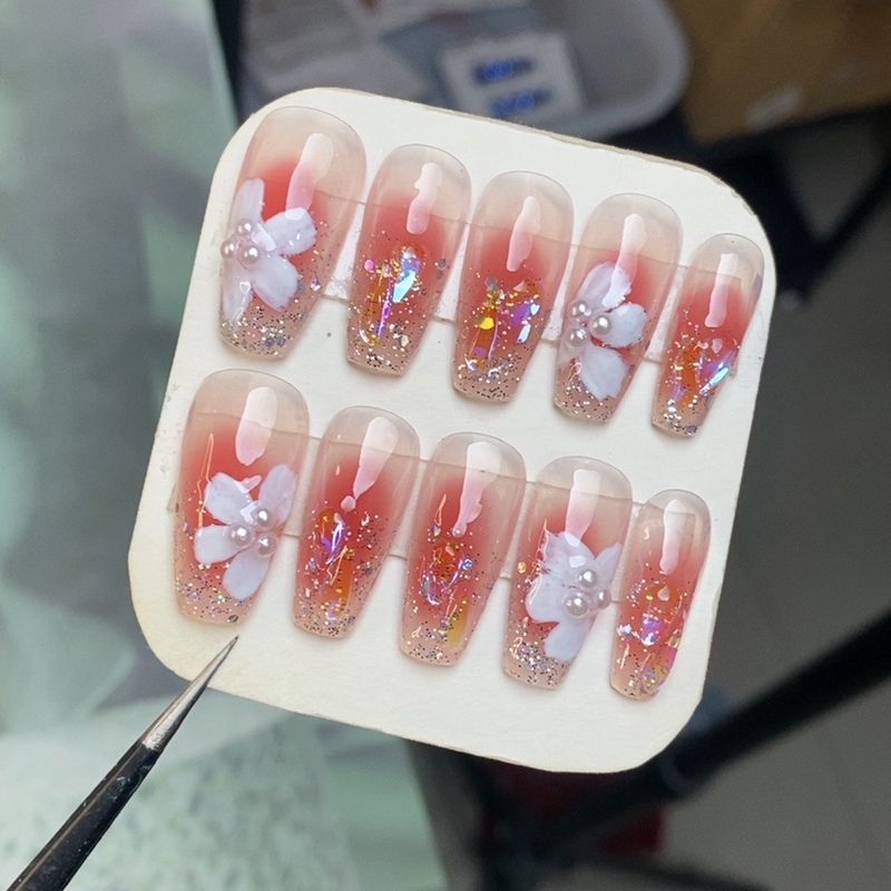 Ice Flower Gradient Fairy Handmade Wearable Nails Finished Product, Dazzling Glitter Therapy Nail Art with Rhinestones, Suitable for Wedding Brides, Fake Nails