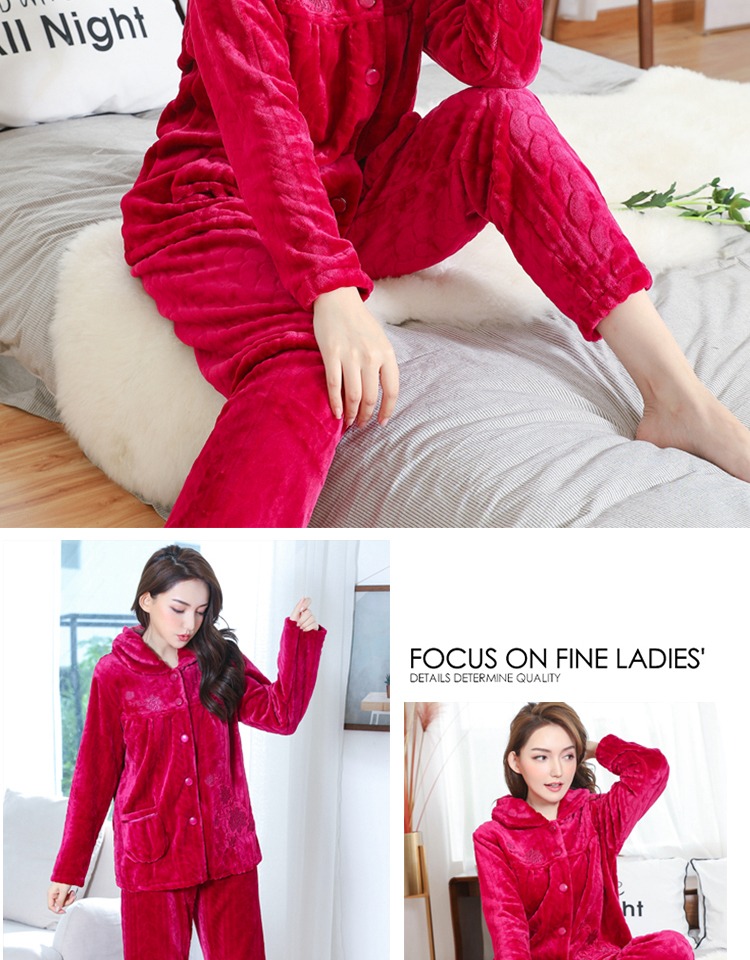 Vận chuyển xác thực Phụ nữ mùa thu và mùa đông dày lên phụ nữ trẻ và trung niên flannel đồ ngủ san hô lông cừu nhà dịch vụ phù hợp quần áo ngủ