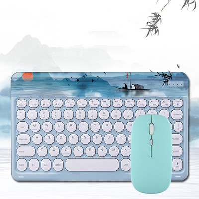 彩绘蓝牙键盘鼠标圆形朋克无线平板键盘适用于苹果ipad键盘华为m6平板电脑手机充电笔记本蓝牙可爱女生