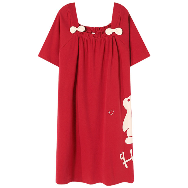 Nightgown Summer ຂອງແມ່ຍິງ 2024 ຝ້າຍບໍລິສຸດໃຫມ່ Sexy Summer ຂອງແມ່ຍິງສີແດງປີ Zodiac ສີຂາວ Rabbit Nightgown ແມ່ຍິງ Summer Style