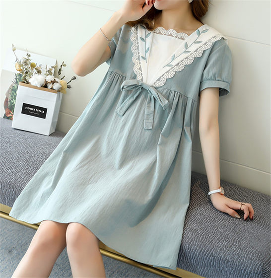 Maternity Dress Summer Dress New Cotton Small Fresh High Waist Loose Slim Stitching V-Neck Lace Maternity Dress