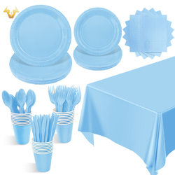 Light Blue Plate Paper Cup Knife Fork Spoon Disposable Picnic Tablecloth Boy Birthday Party Decoration Scene Layout
