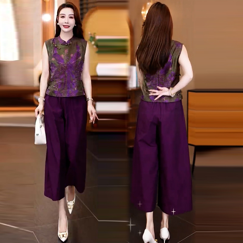 New Chinese-Style National Fashion Suit for Women, Summer New Style, Stylish Stand-Up Collar, Buttoned Floral Shirt, Wide-Leg Pants, Elegant Two-Piece Set
