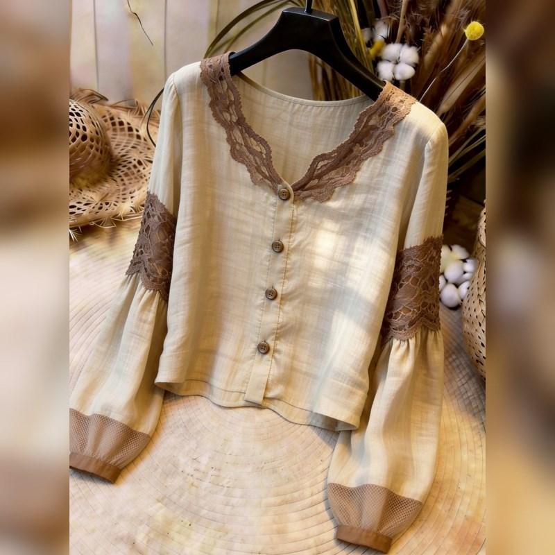 French-Style Lace-Trimmed Puff Sleeve Shirt for Women, 2026 Autumn New Stylish Versatile Youthful Blouse
