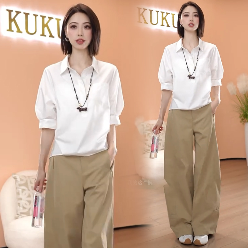 Fashion Suit for Women 2026 Spring New Style Loose Slimming Mid-Sleeve Polo Collar Shirt Top Wide-Leg Pants Two-Piece Set