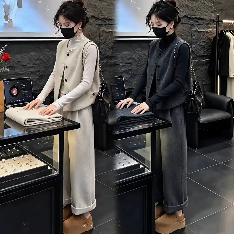 Fashion Suit for Women 2026 Autumn New Style Elegant Slim Woolen Vest Base Shirt Wide-Leg Pants Three-Piece Set Trendy