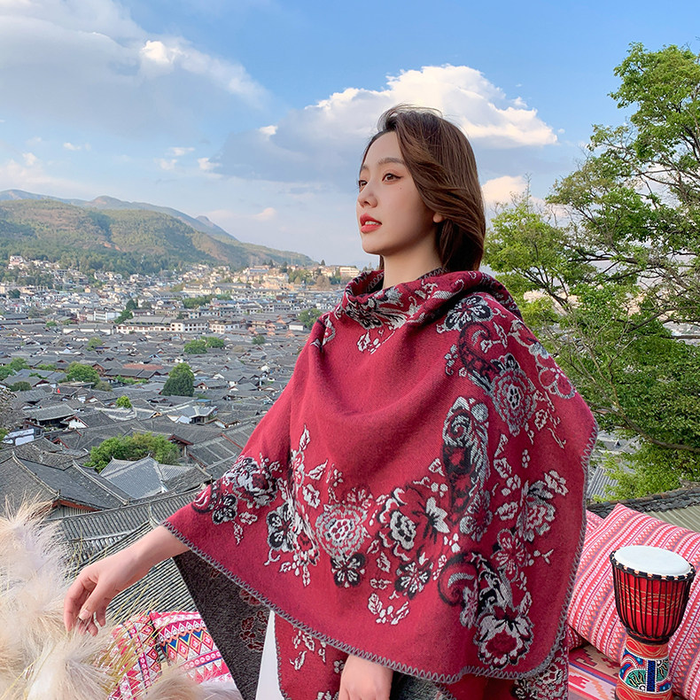 Ethnic style Yunnan Qinghai Tibet travel photo split cashmere shawl oversized cloak warm scarf female tide