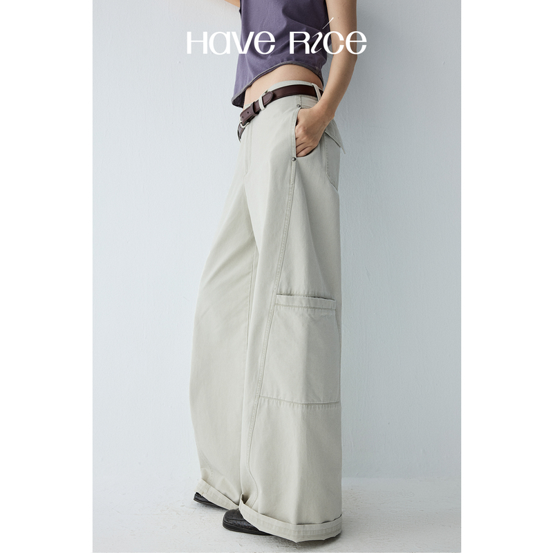 Haverice Restaurant Light Sand Wanderings New Asut Dye Lightweight Mid-Low Waist Khaki Casual Work Pants for Women